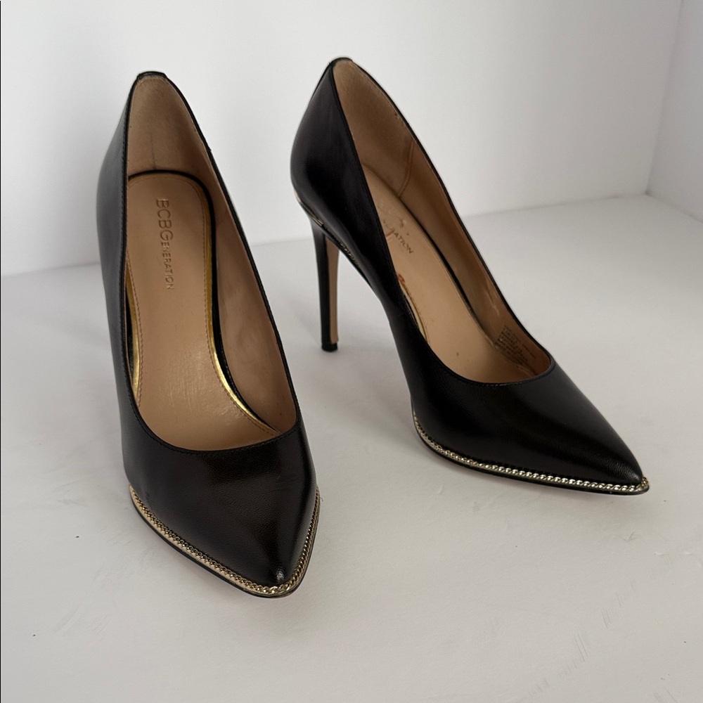 BCBG Black Pointed Leather Stiletto Pumps with Gold Chain Trim